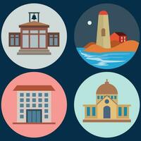 Buildings icon vector set. Bank, school, courthouse, university, library. Architecture concept. Can be used for topics like office, city, real estate