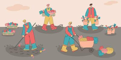 A set of characters who are harvesting. Agricultural autumn work. Flat illustration vector