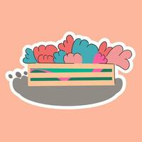 Harvesting. Wooden box with vegetable herbs. Sticker. Flat isolated illustration vector