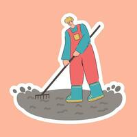 A man works the ground with a rake. Sticker. Agricultural autumn work. Harvesting. Flat illustration vector