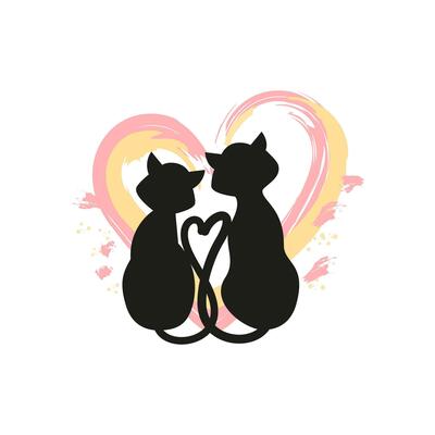 Silhouettes Of Two Sitting Cats Looking At Red Heart Pets Love