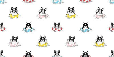 perro sin costura modelo vector francés buldog nadando anillo piscina dibujos animados bufanda aislado loseta antecedentes repetir fondo de pantalla ilustración garabatear diseño
