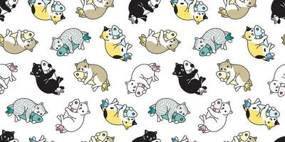 cat seamless pattern vector kitten hug fish calico scarf isolated cartoon tile wallpaper repeat background illustration design