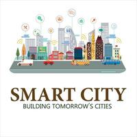 Smart city with contemporary buildings, people and traffic. networks, connection and internet of things icons on top vector