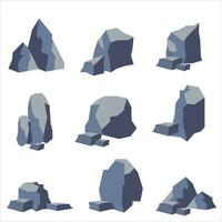 Cartoon black boulder. stones in isometric 3d flat style. A collection of different large rocks. Round stones of various shapes. Vector Illustration eps 10.