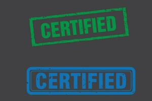 Certified badge, stamp. Green and blue seal of origin and quality. Certification flat button with certificate inscription. vector