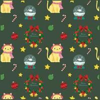 Cute cartoon cats, Christmas trees, snow houses, snowmen and christmas wreaths, candy stars and christmas ornaments. Seamless Christmas pattern. Vector illustration