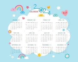 2024 Calendar - illustration. Template. Mock up week starts on Sunday. children's theme calendar, cute, busy and colorful vector