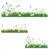 Horizontal white banner or floral background decorated with beautiful multicolored blooming flowers and leaf borders as well as butterflies. spring botanical flat on white background vector