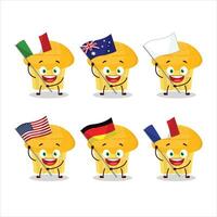 queso mollete dibujos animados personaje traer el banderas de varios países vector