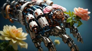 Ai generative Robotic hand and flowers concept background, artificial intelligence ai banner with copy space text photo
