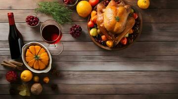 Ai generative Happy thanksgiving background, roasted turkey aesthetic seasonal banner with copy space text photo