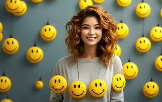 ai generativo mundo sonrisa día concepto, amarillo sonriente cara emoji fondo, bandera con Copiar espacio texto foto