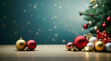 Ai generative Happy Christmas background with gifts, decorations, christmas tree, festive banner with copy space text photo