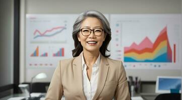 Ai generative Portrait of Asian mature beautiful business woman smiling in office with charts and graphs, banner with copy space text photo