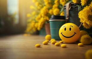 Ai generative World smile day concept, yellow smiley face emoji background, banner with copy space text photo