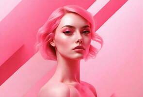 Ai generative Artistic portrait of pretty woman in pink background, fashion banner with copy space text photo