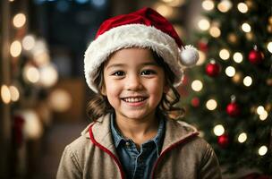 ai generativo retrato de adorable niño con Papa Noel claus rojo sombrero, festivo fondo, bandera con Copiar espacio texto, navidad modelo foto