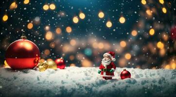 Ai generative Happy Christmas background with gifts, decorations, christmas tree, festive banner with copy space text photo