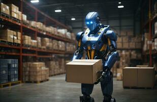 Ai generative robot humanoid working in warehouse, futuristic robotic background, banner with copy space text photo