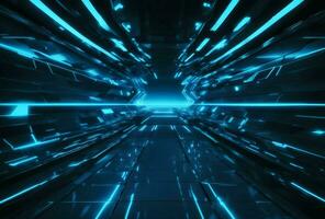 Ai generative Futuristic background with blue neon lights, banner with copy space text photo