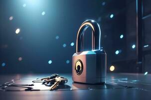 Ai generative cybersecurity lock and key background, online privacy banner with copy space text photo