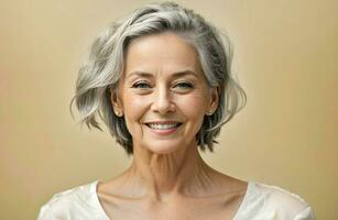 Ai generative Portrait of beautiful elderly woman smiling, happiness, grey hairstyle, background, banner, copy space text photo
