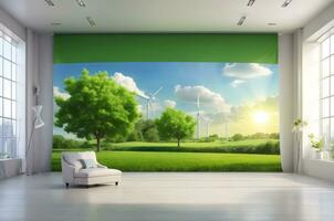 Ai generative green renewable energy concept, environmental background, sustainability banner with copy space text photo