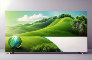 Ai generative sustainable green energy concept, environmental banner with copy space text photo