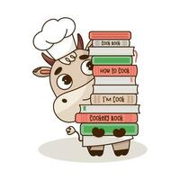 Cute baby chef cow holding cookbooks. Little cow cook mascot character. Cartoon vector illustration