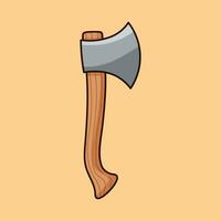 Gray ax with brown handle. Cartoon vector illustration on orange background