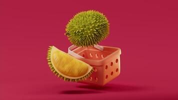 ciclo animação do durian com compras cesta, 3d Renderização. video