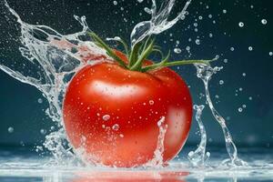 Water splash on tomato. AI Generative Pro Photo