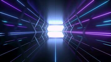 Going forward in dark spaceship tunnel with glowing lines, 3d rendering. video