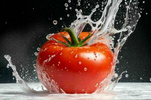 Water splash on tomato. AI Generative Pro Photo