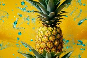 Water splash on pineapple fruit. AI Generative Pro Photo