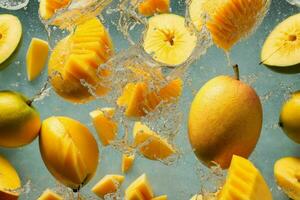 Fresh juicy manggo with water splash. AI Generative Pro Photo