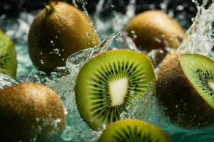 Water splashes on kiwi. AI Generative Pro Photo