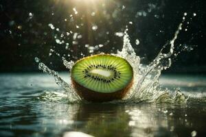 Water splashes on kiwi. AI Generative Pro Photo