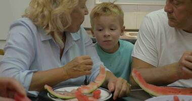 Grandma feeding grandchild with sweet watermelon video