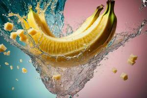 Fresh banana in water splash. AI Generative Pro Photo