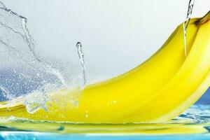 Fresh banana in water splash. AI Generative Pro Photo