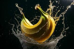 Fresh banana in water splash. AI Generative Pro Photo