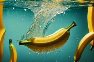 Fresh banana in water splash. AI Generative Pro Photo