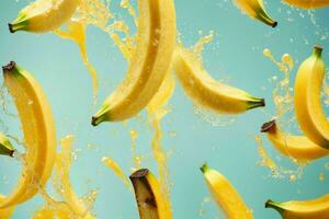 Fresh banana in water splash. AI Generative Pro Photo