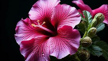 Close up of pink hibiscus flower on dark background. AI generated photo