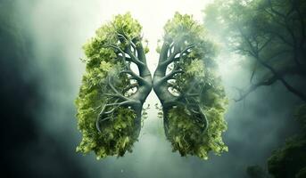 Lungs formed by leaves and tree branches, in the concept of environment and ecology. Lung of the Earth. AI generated photo
