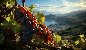 Closeup of bunch of purple grapes in a vineyard. ai generated photo