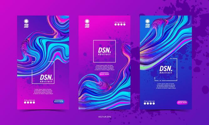 three banners with abstract swirls and blue and purple colors