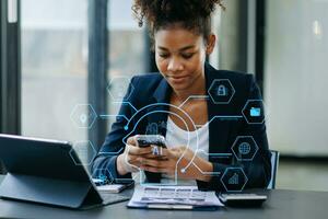 Woman using chat bot in smartphone intelligence Ai. Chat with AI Artificial Intelligence, developed by OpenAI generate. robot in online system. in office photo
